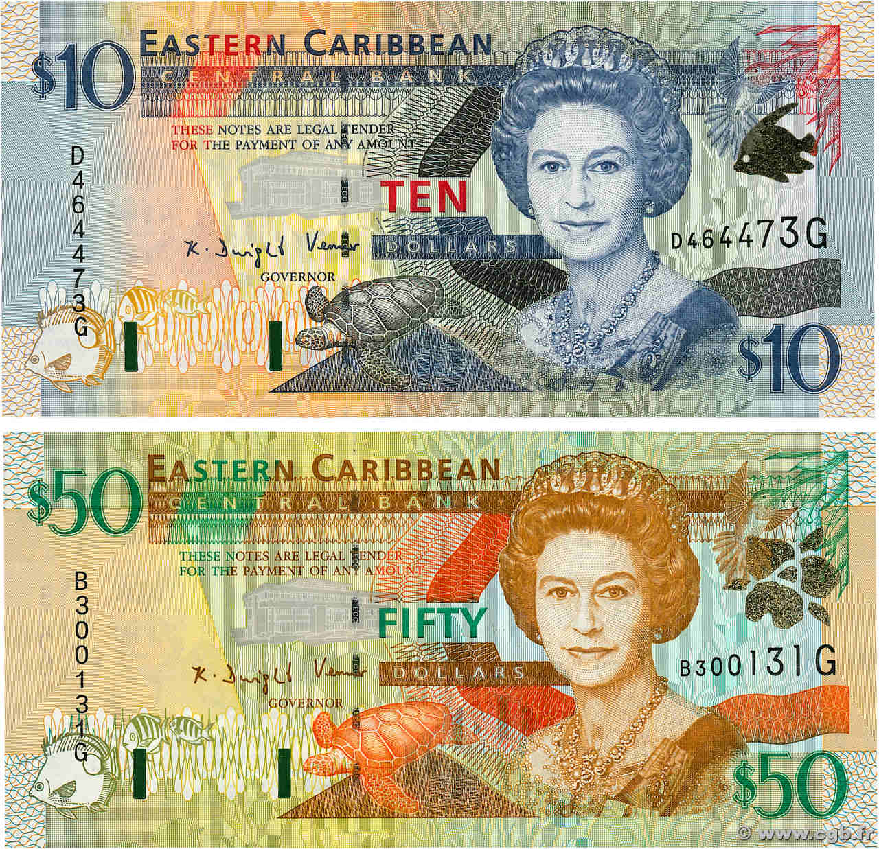 10 et 50 Dollars Lot CARIBBEAN   2000 P.38g et P.40g UNC-