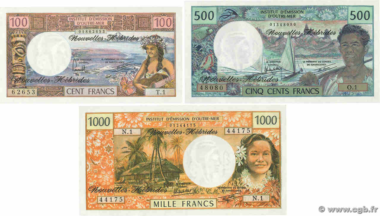 100 à 1000 Francs Lot NEW HEBRIDES  1970 P.18d, P19b et P.20c UNC