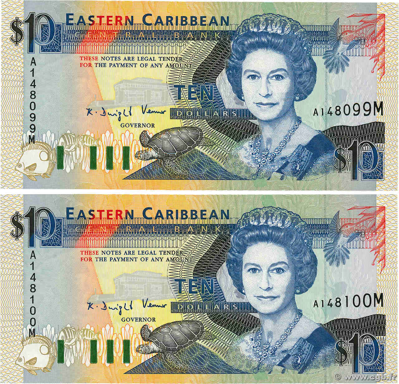 10 Dollars Consécutifs EAST CARIBBEAN STATES  1993 P.27m UNC-