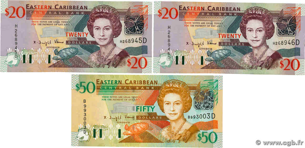20 et 50 Dollars Lot EAST CARIBBEAN STATES  2003 P.44d et P.45d UNC-