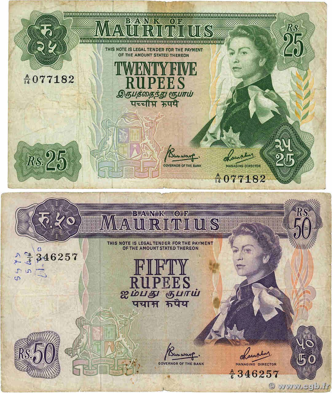 25 et 50 Rupees Lot MAURITIUS  1967 P.32b et 33c VG