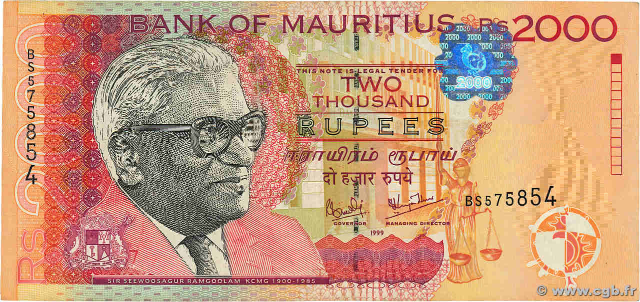 2000 Rupees MAURITIUS  1999 P.55 BC+