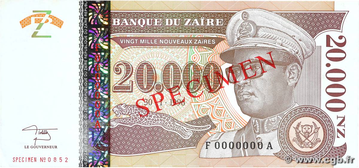 20000 Nouveaux Zaïres Spécimen ZAIRE  1996 P.72s UNC-