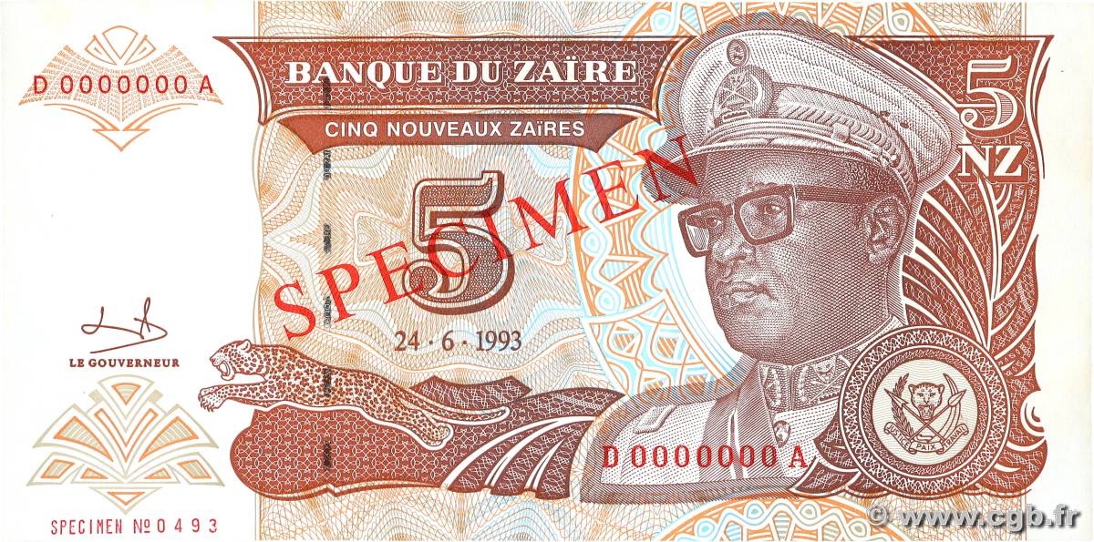 5 Nouveaux Zaïres Spécimen ZAIRE  1993 P.53s AU