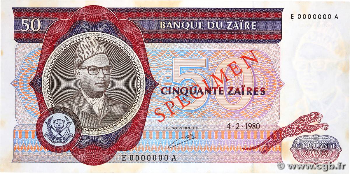 50 Zaïres Spécimen ZAIRE  1980 P.25s XF+