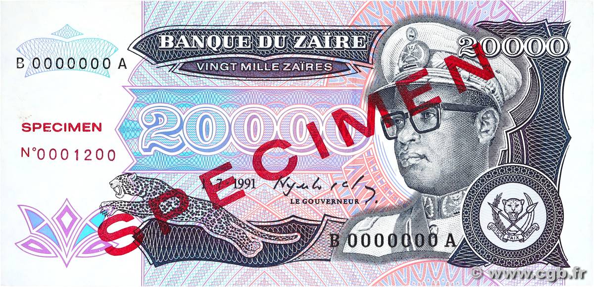 20000 Zaïres Spécimen ZAIRE  1991 P.39s XF+