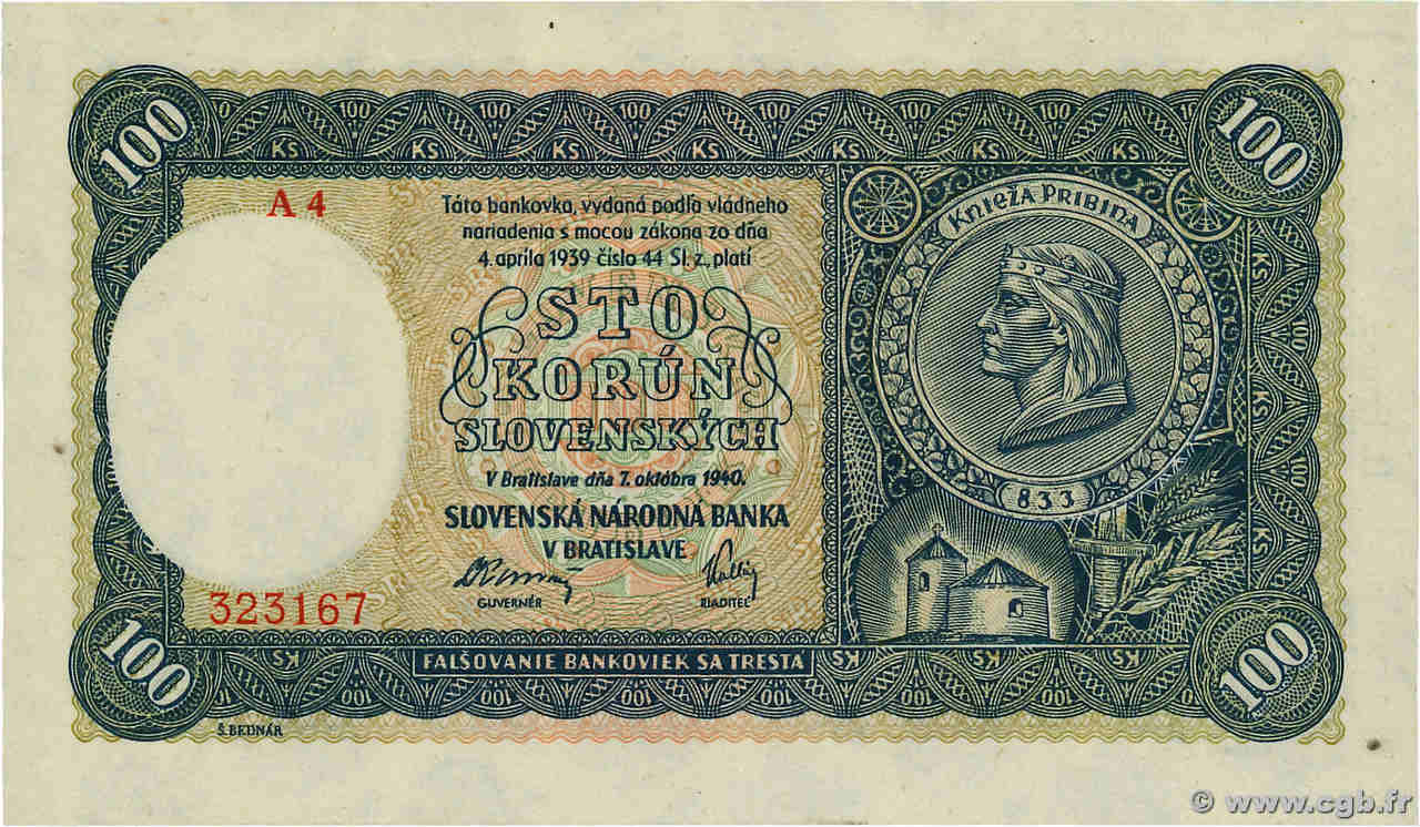100 Korun SLOVAKIA  1940 P.11a UNC-