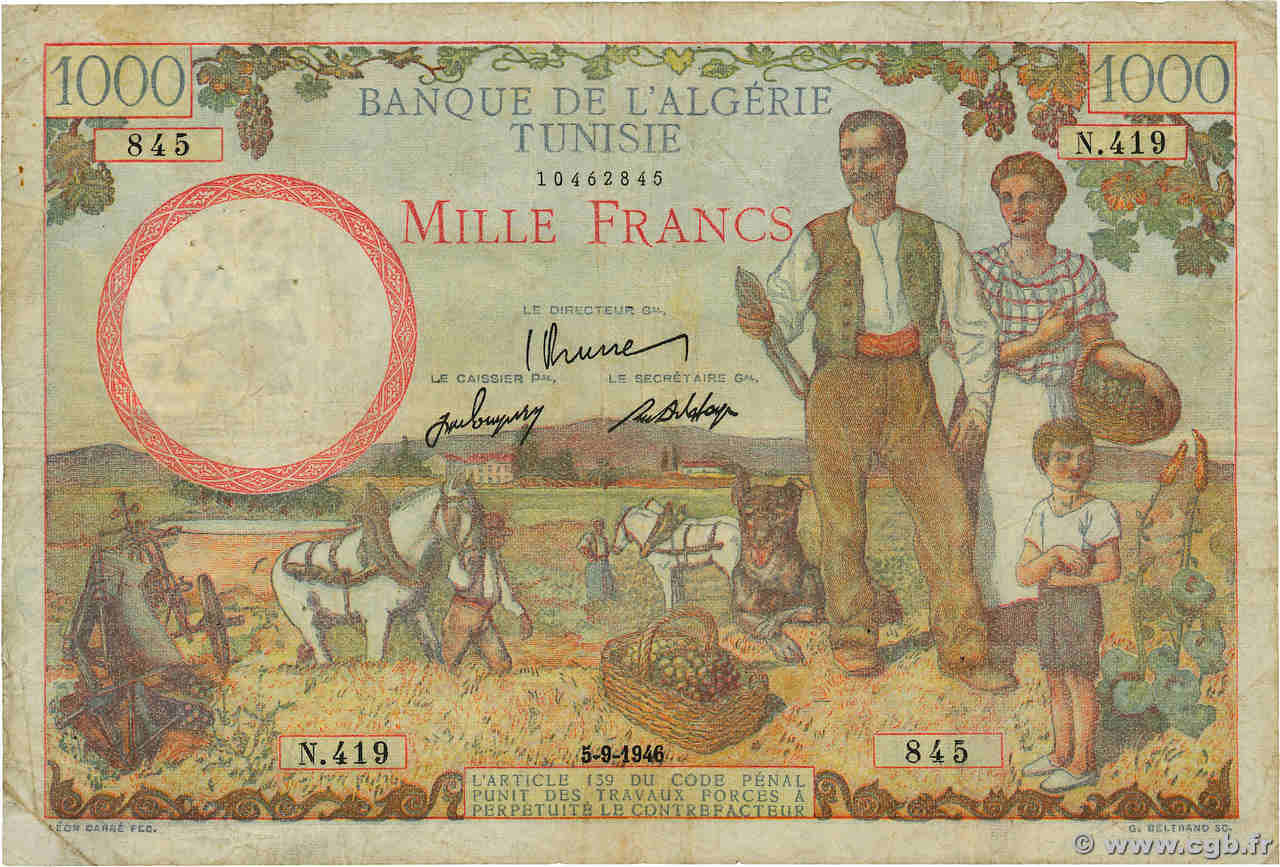 1000 Francs TUNESIEN  1946 P.26 S
