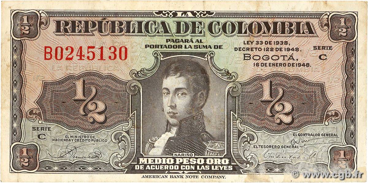 1/2 Peso Oro COLOMBIE  1948 P.345a TTB