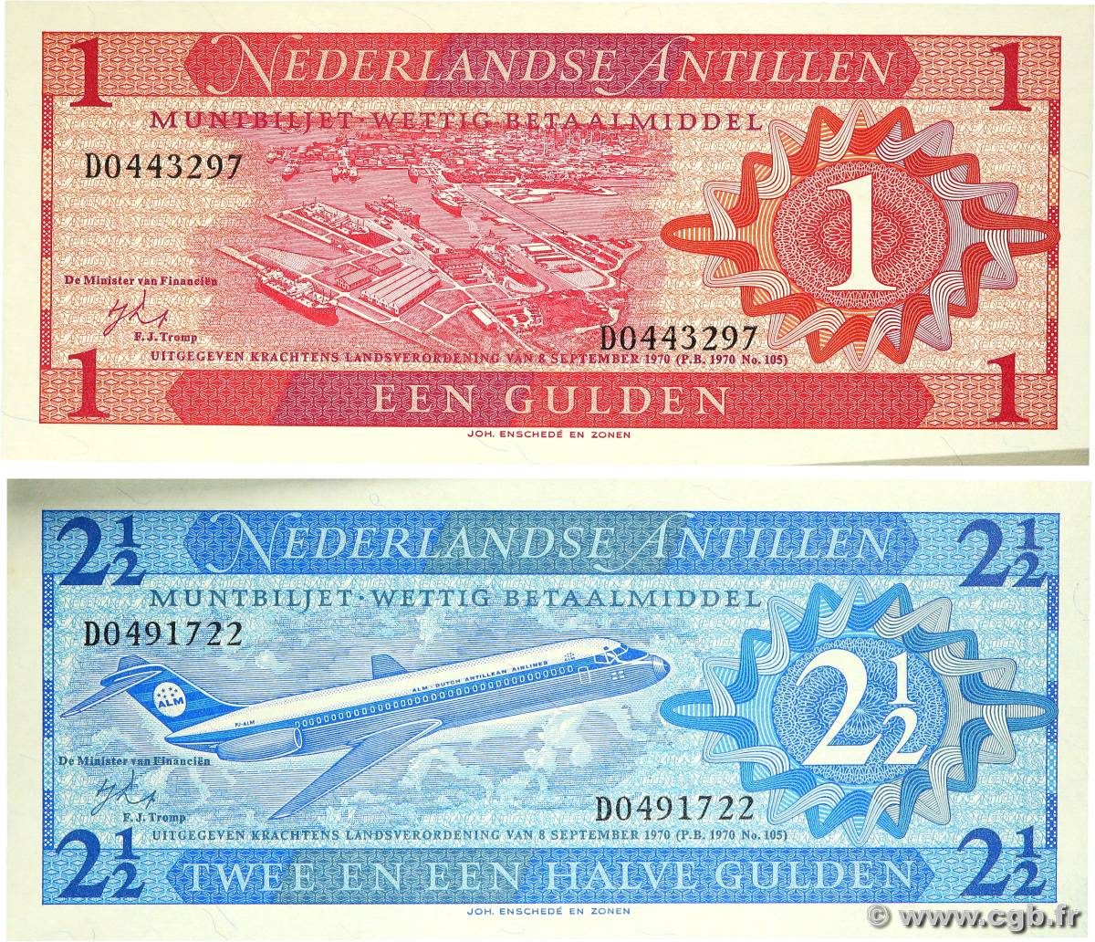 1 et 2,5 Gulden Lot NETHERLANDS ANTILLES  1970 P.20 et P.21 UNC