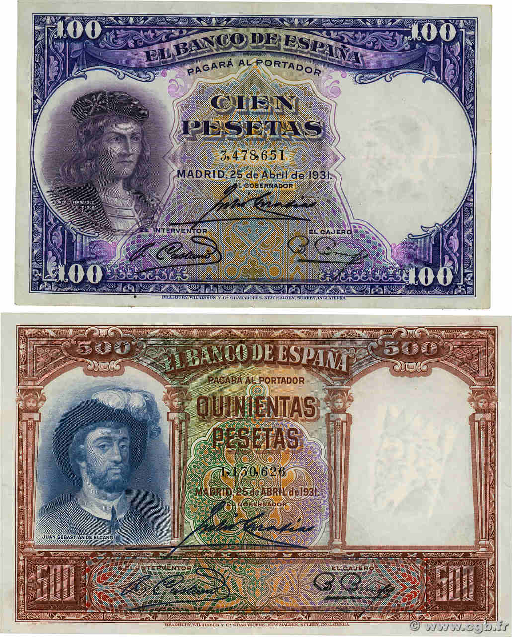 100 et 500 Pesetas Lot ESPAGNE  1931 P.083 et P.084 TTB à SUP