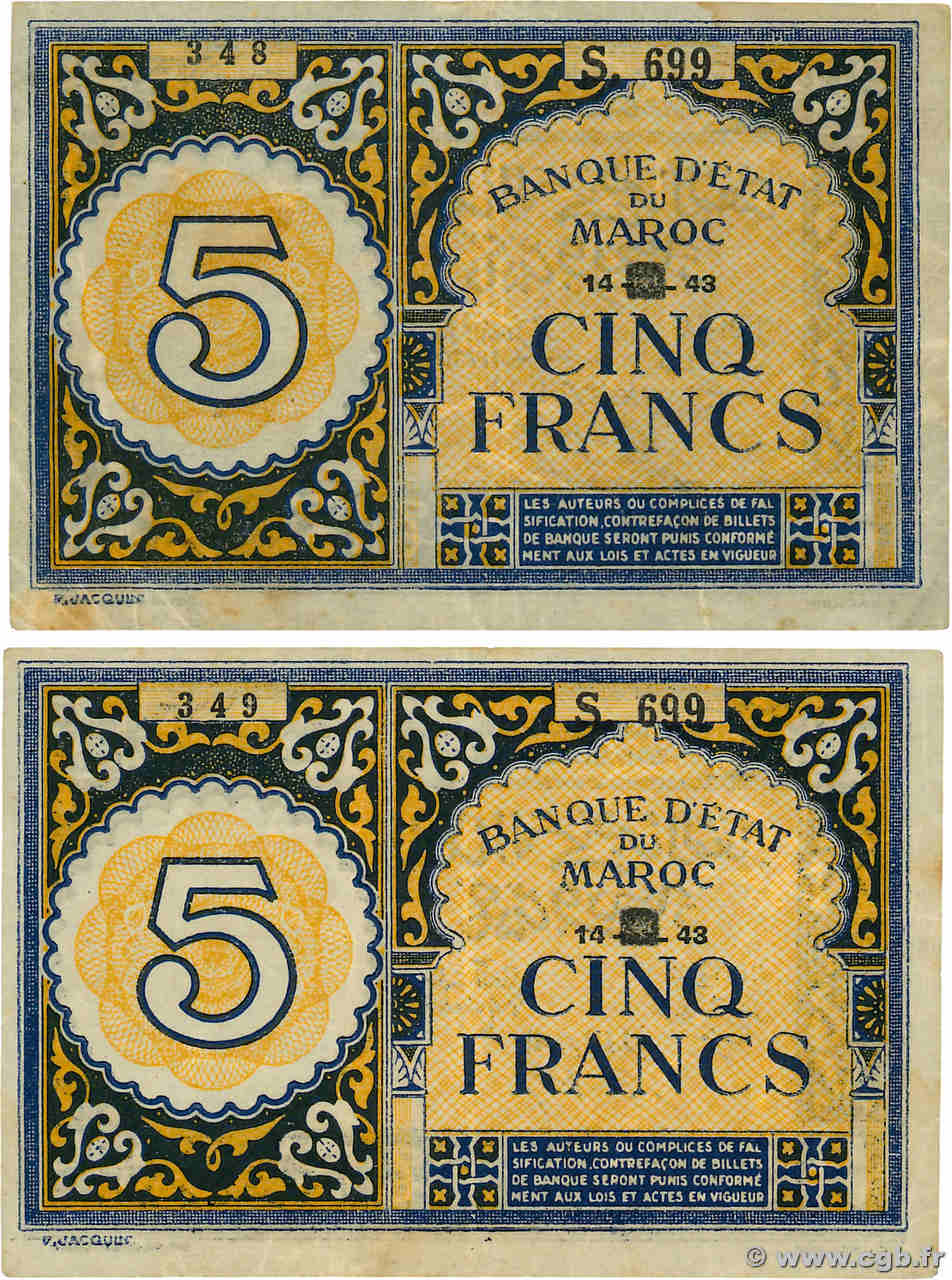 5 Francs Consécutifs MAROC  1943 P.33 TTB