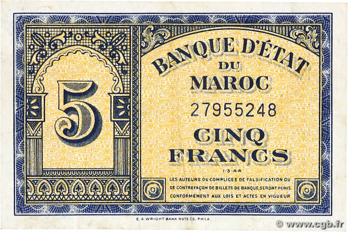 5 Francs MAROC  1944 P.24 TTB