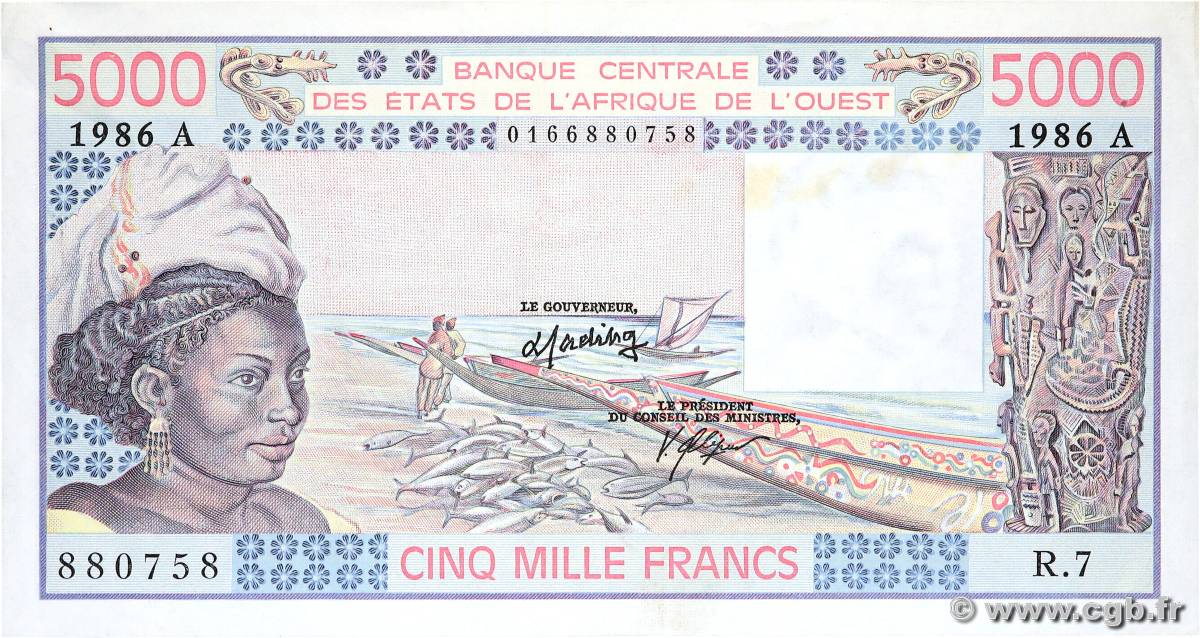 5000 Francs ÉTATS DE L AFRIQUE DE L OUEST  1986 P.108Ao TTB+