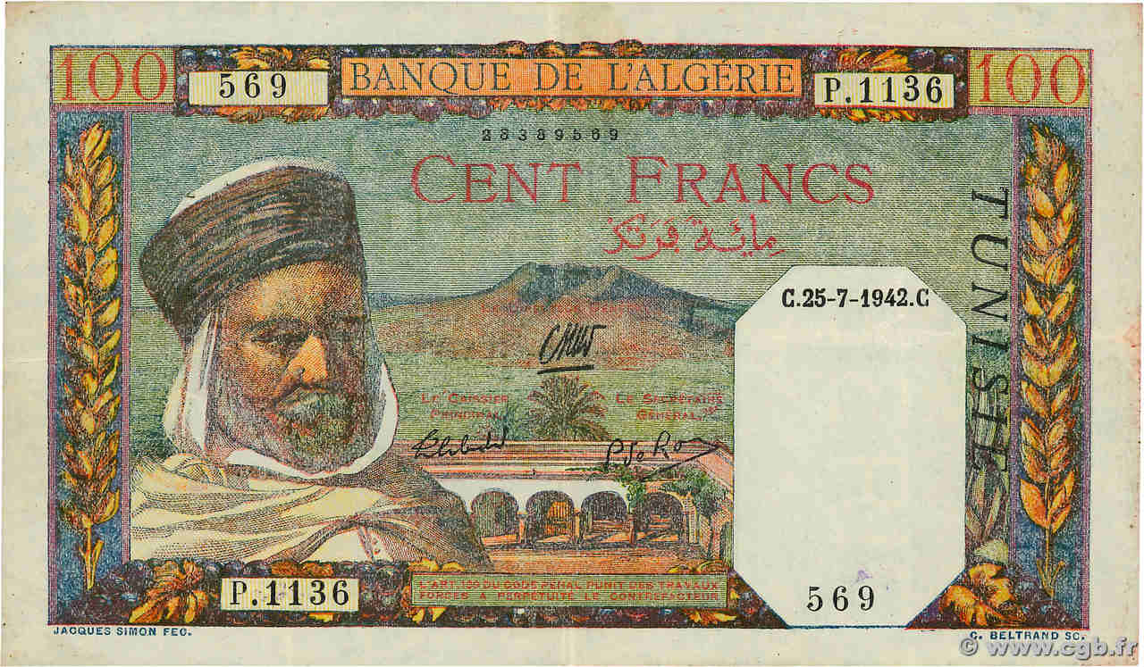 100 Francs TUNISIA  1942 P.13b VF