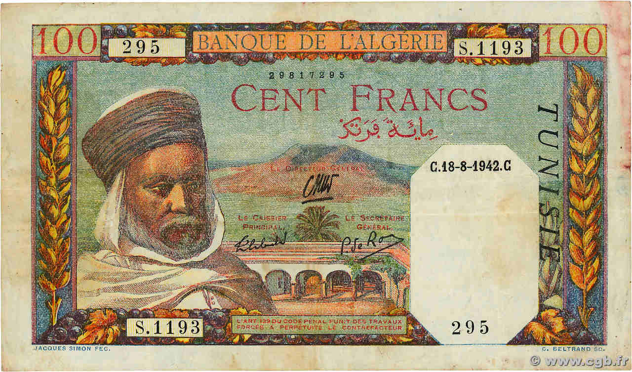100 Francs TúNEZ  1942 P.13 MBC