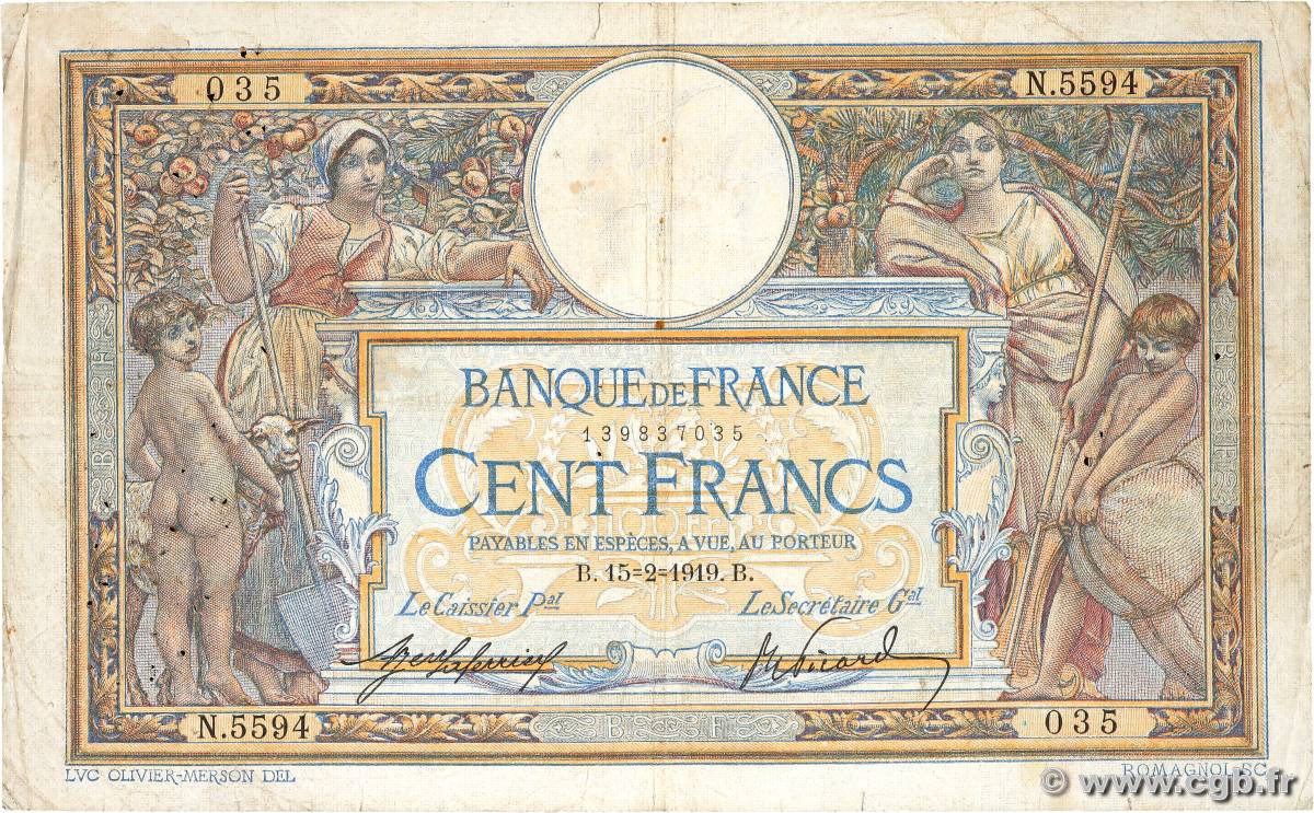 100 Francs LUC OLIVIER MERSON sans LOM FRANCE  1919 F.23.11 B+
