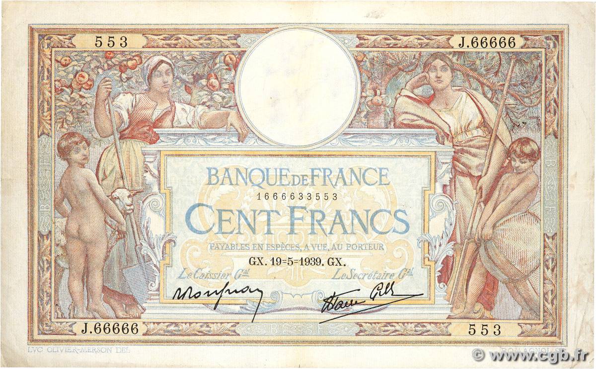 100 Francs LUC OLIVIER MERSON type modifié Numéro spécial FRANCE  1939 F.25.47 TB