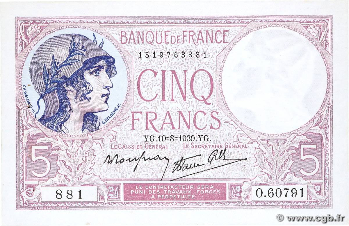 5 Francs FEMME CASQUÉE modifié FRANCE  1939 F.04.05 pr.SPL