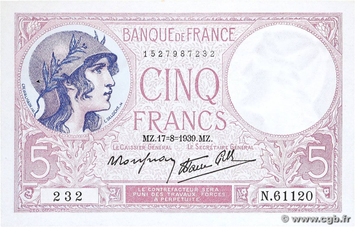 5 Francs FEMME CASQUÉE modifié FRANCE  1939 F.04.06 SPL