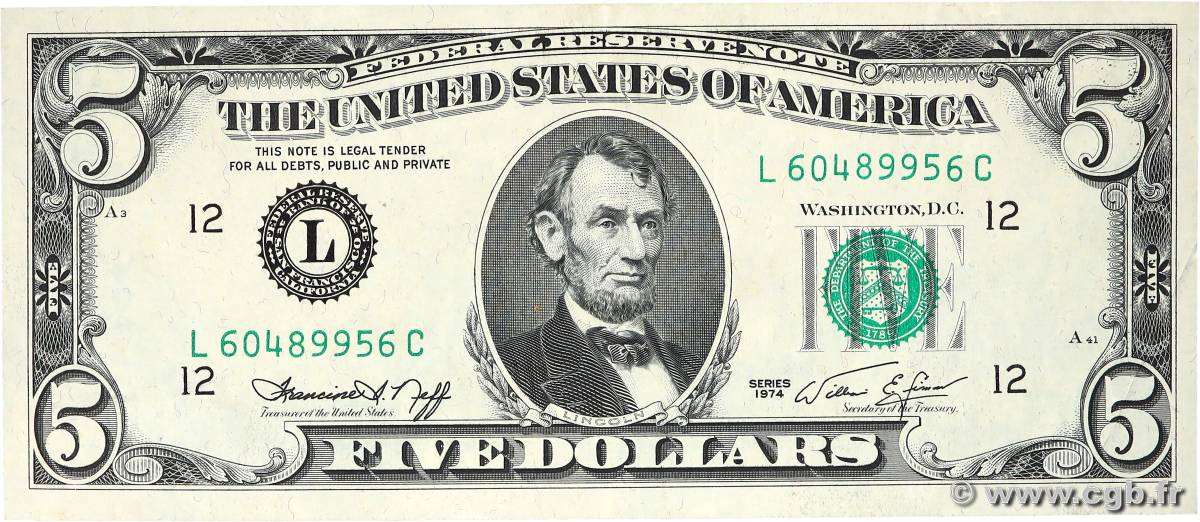 5 Dollars ÉTATS-UNIS D AMÉRIQUE San Francisco 1974 P.456 SUP