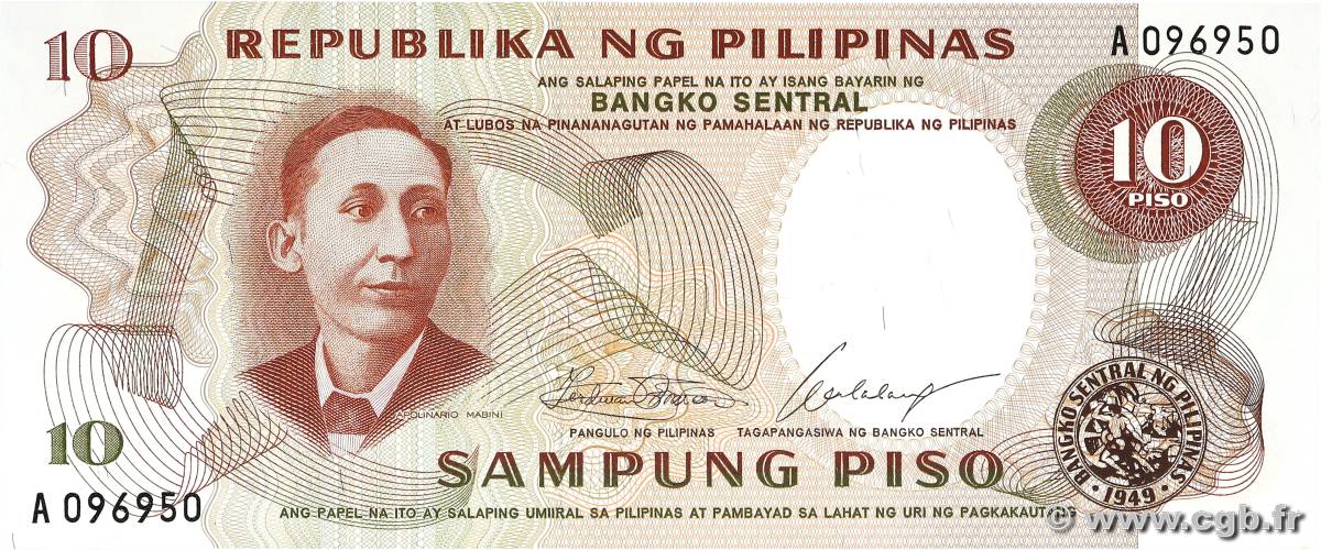 10 Piso PHILIPPINES  1969 P.144a UNC