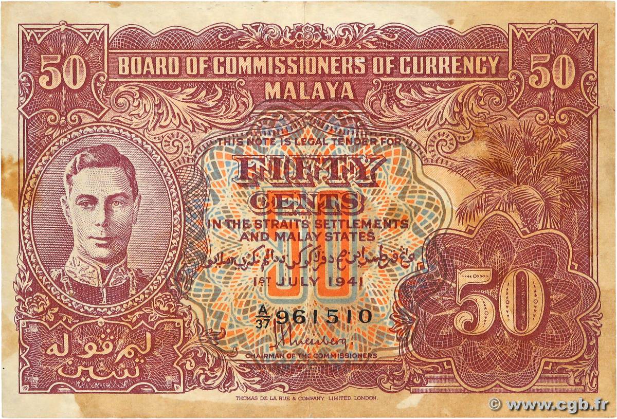 50 Cents MALAYA  1941 P.10b TB