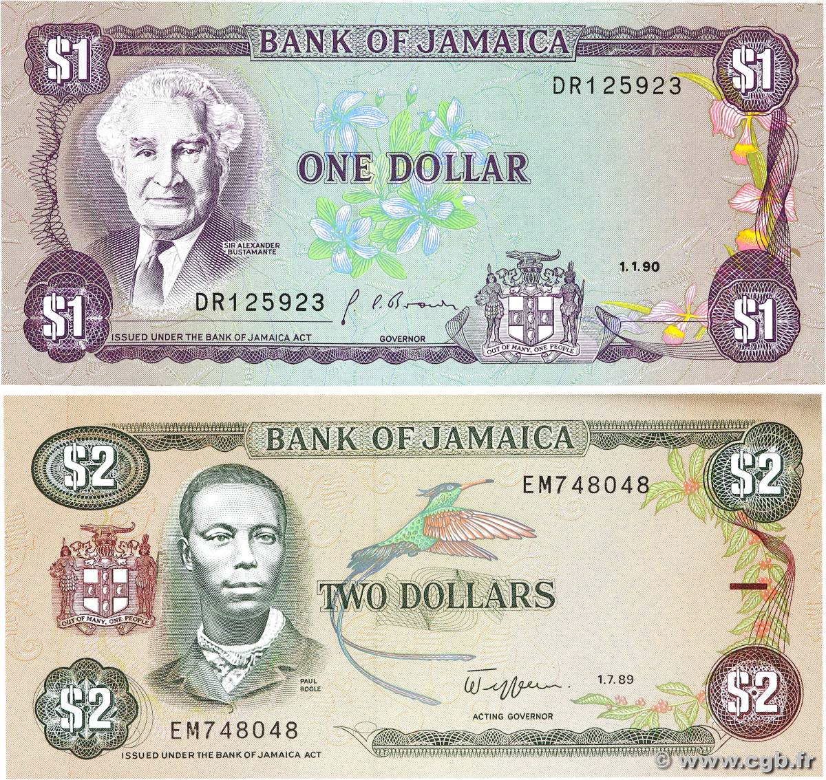 1 et 2 Dollars Lot JAMAÏQUE  1989 P.68Ad et P.69c NEUF