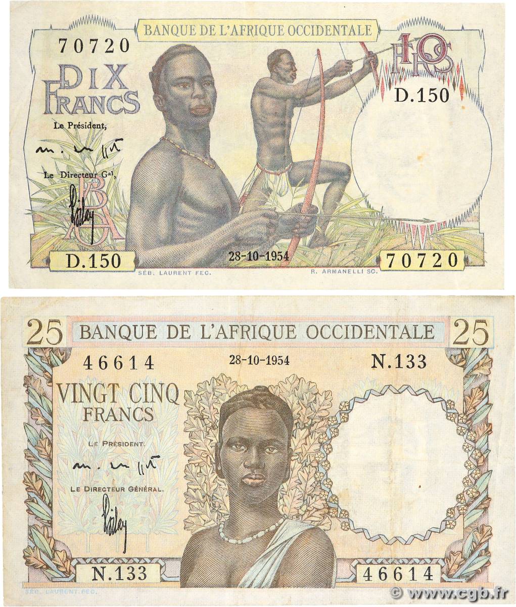 10 et 25 Francs Lot AFRIQUE OCCIDENTALE FRANÇAISE (1895-1958)  1954 P.37 et P.38 TB à TTB