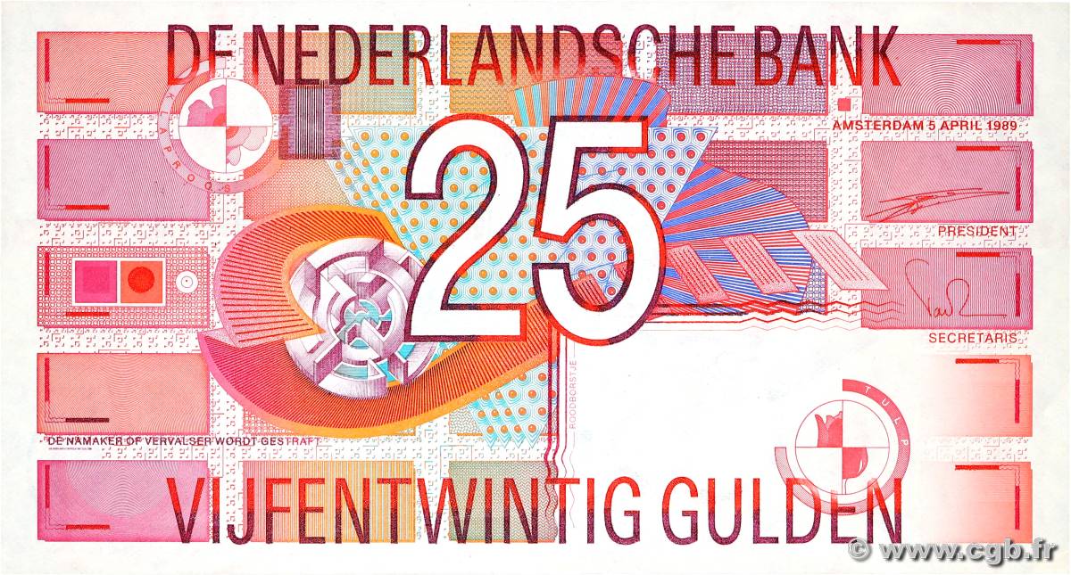 25 Gulden NETHERLANDS  1989 P.100 VF+