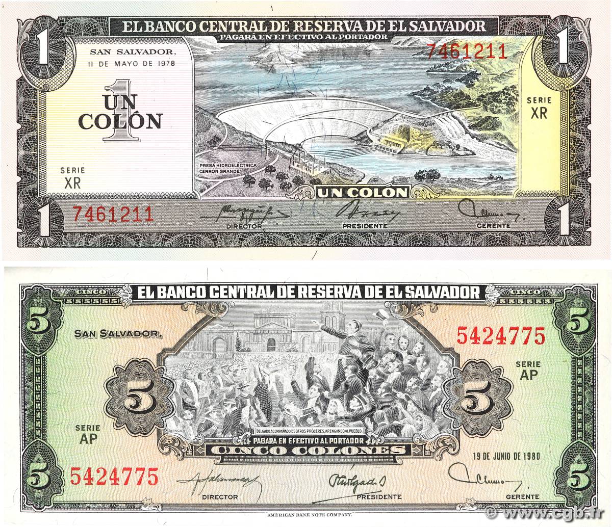 1 et 5 Colones Lot SALVADOR  1978 P.125a et P.132A NEUF