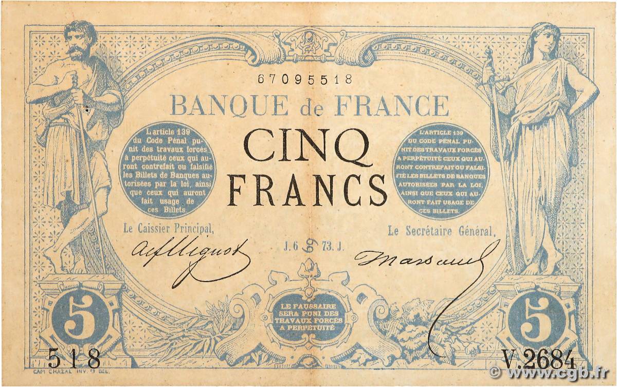 5 Francs NOIR FRANCE  1873 F.01.19 XF