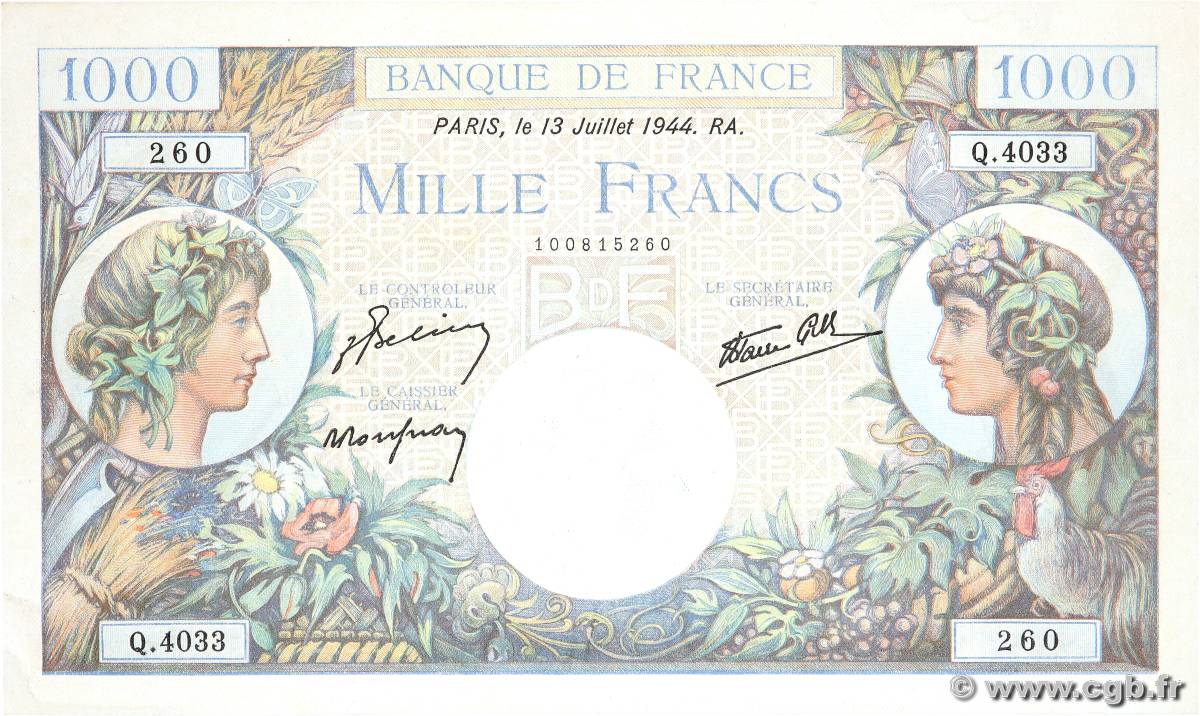 1000 Francs COMMERCE ET INDUSTRIE FRANCIA  1944 F.39.11 AU