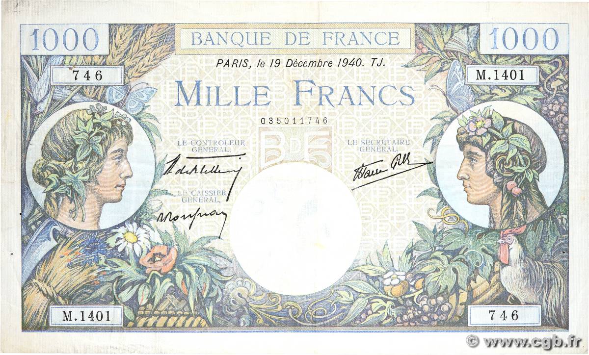 1000 Francs COMMERCE ET INDUSTRIE FRANCE  1940 F.39.03 VF