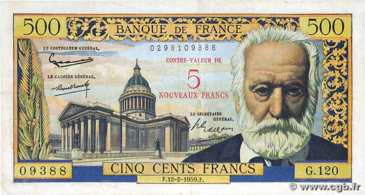 5 NF sur 500 Francs Victor HUGO FRANCE  1959 F.52.02 TB+