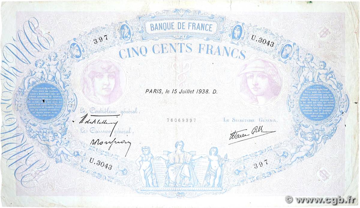 500 Francs BLEU ET ROSE modifié FRANKREICH  1938 F.31.18 S