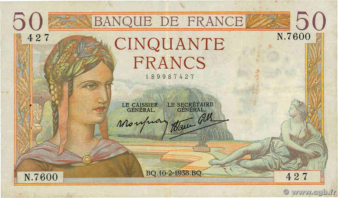 50 Francs CÉRÈS modifié FRANCE  1938 F.18.08 VF-