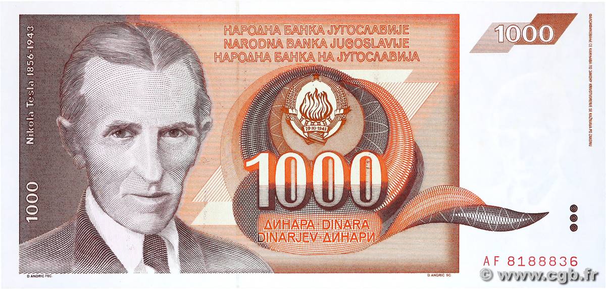 1000 Dinara YUGOSLAVIA  1990 P.107 UNC-