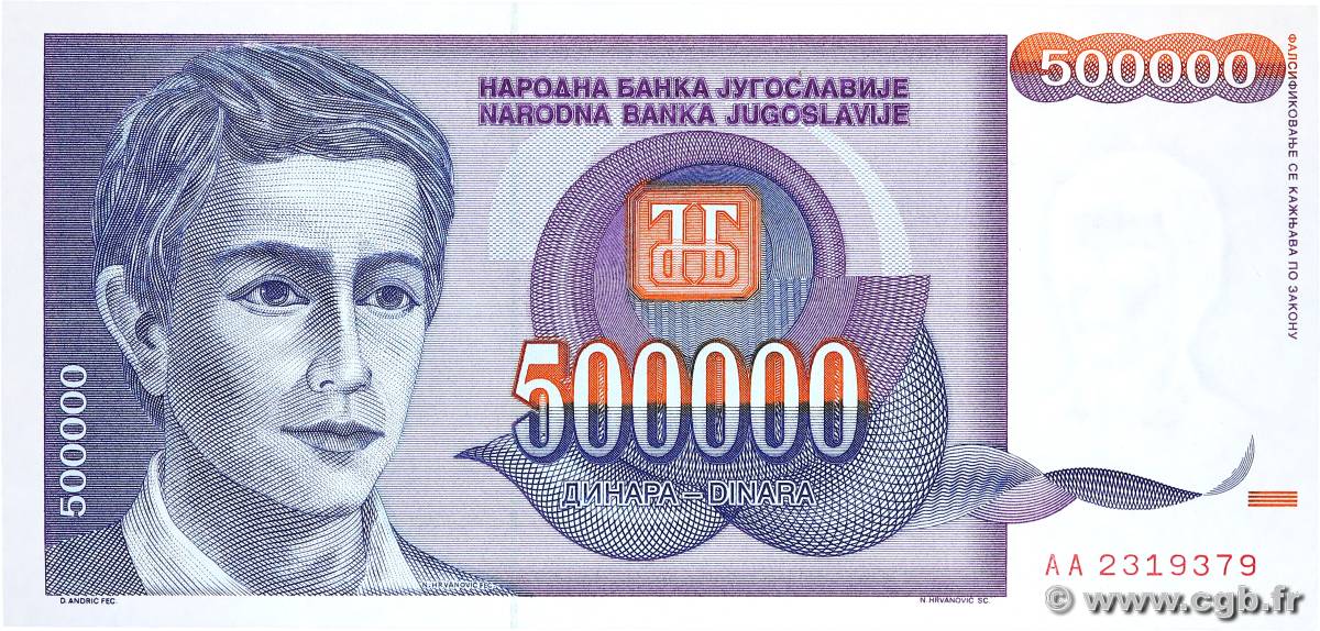 500000 Dinara YUGOSLAVIA  1993 P.119 UNC