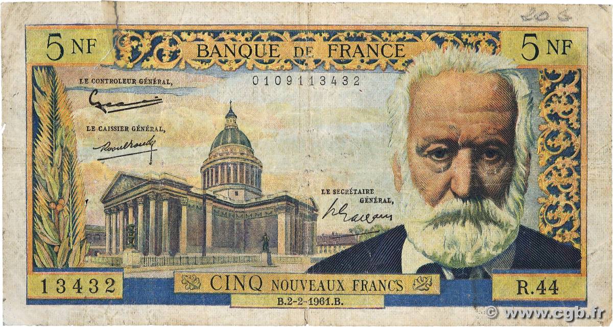 5 Nouveaux Francs VICTOR HUGO FRANKREICH  1961 F.56.06 SGE