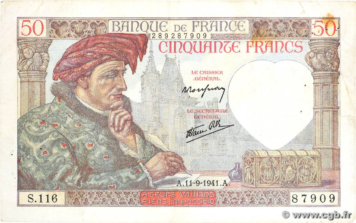 50 Francs JACQUES CŒUR FRANCE  1941 F.19.14 F