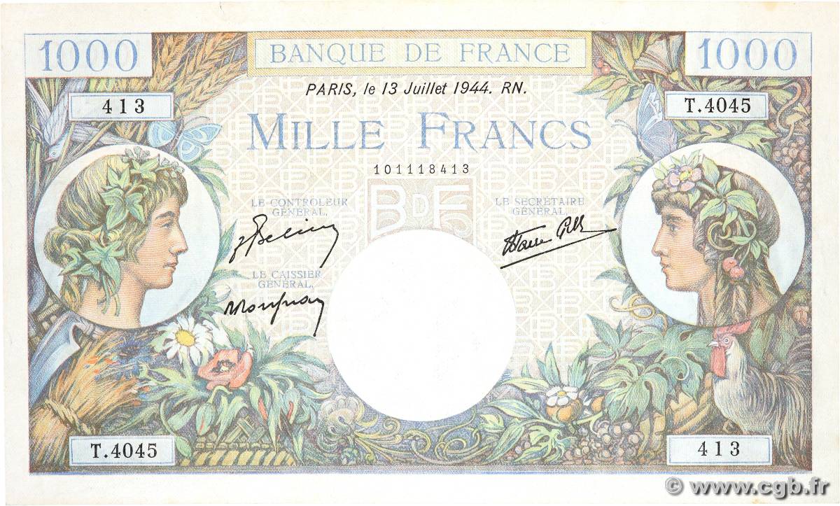 1000 Francs COMMERCE ET INDUSTRIE FRANCE  1944 F.39.11 SUP+