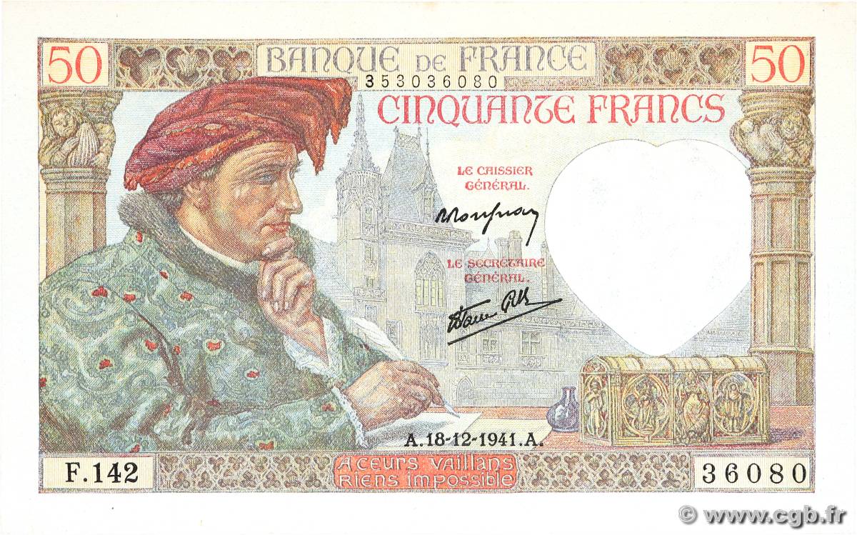 50 Francs JACQUES CŒUR FRANCE  1941 F.19.17 pr.NEUF