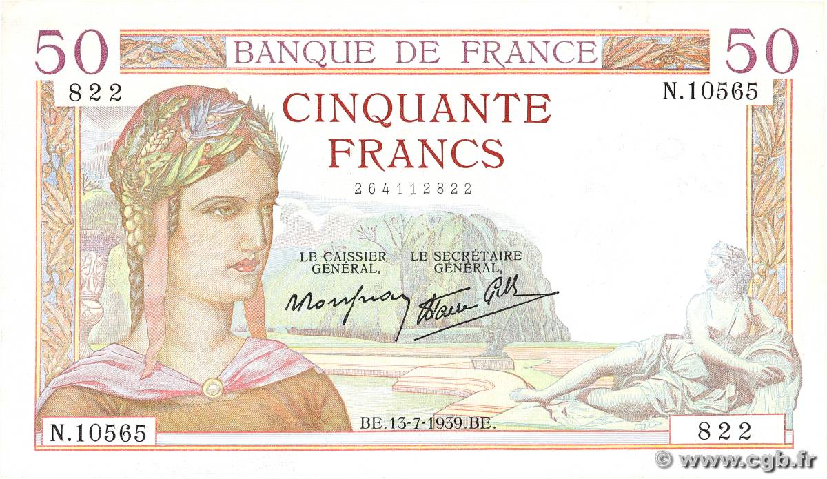 50 Francs CÉRÈS modifié FRANCE  1939 F.18.28 TB