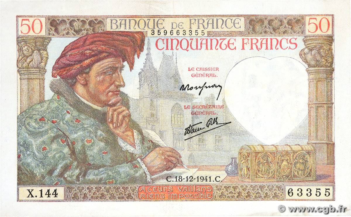 50 Francs JACQUES CŒUR FRANCE  1941 F.19.17 SUP