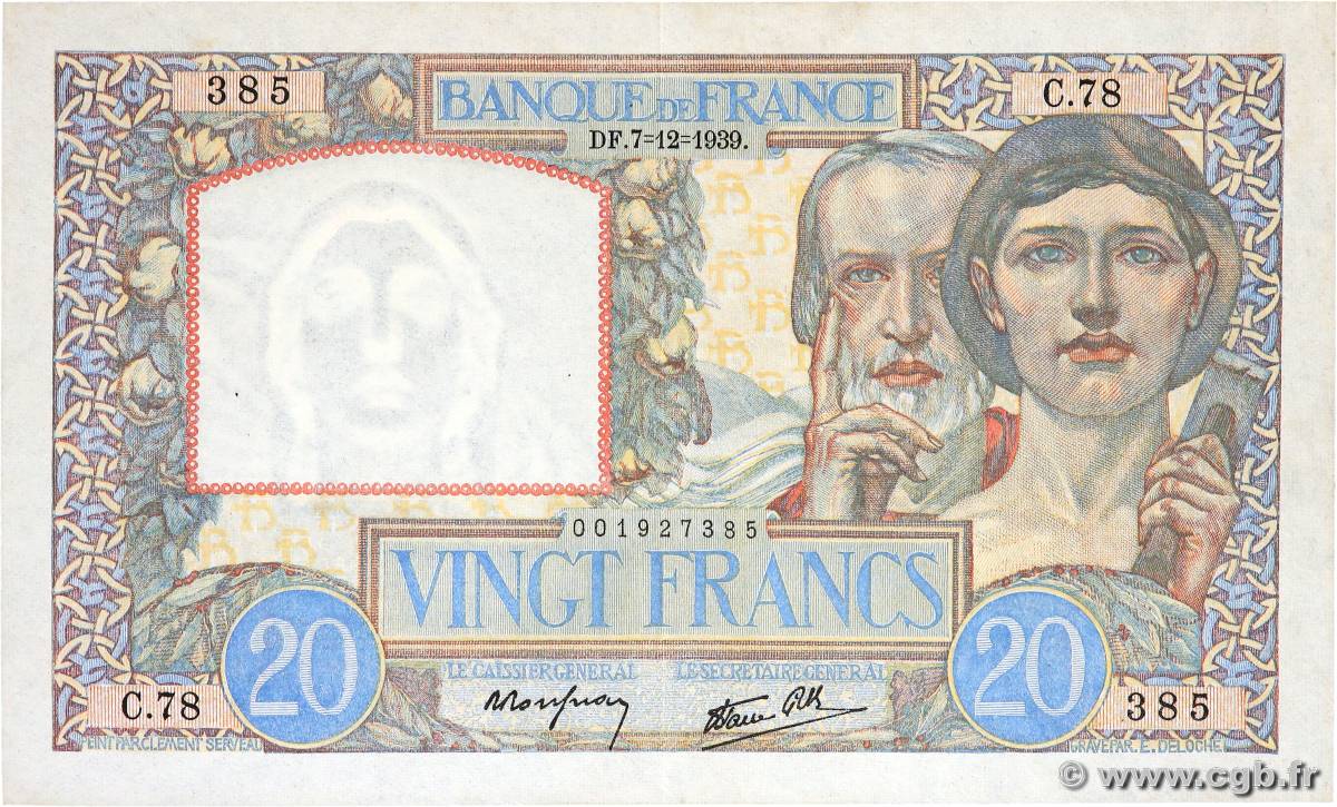 20 Francs TRAVAIL ET SCIENCE FRANCE  1939 F.12.01 SUP