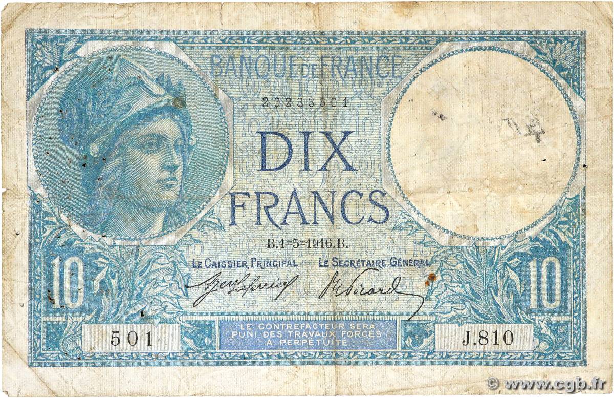 10 Francs MINERVE FRANCE  1916 F.06.01 B