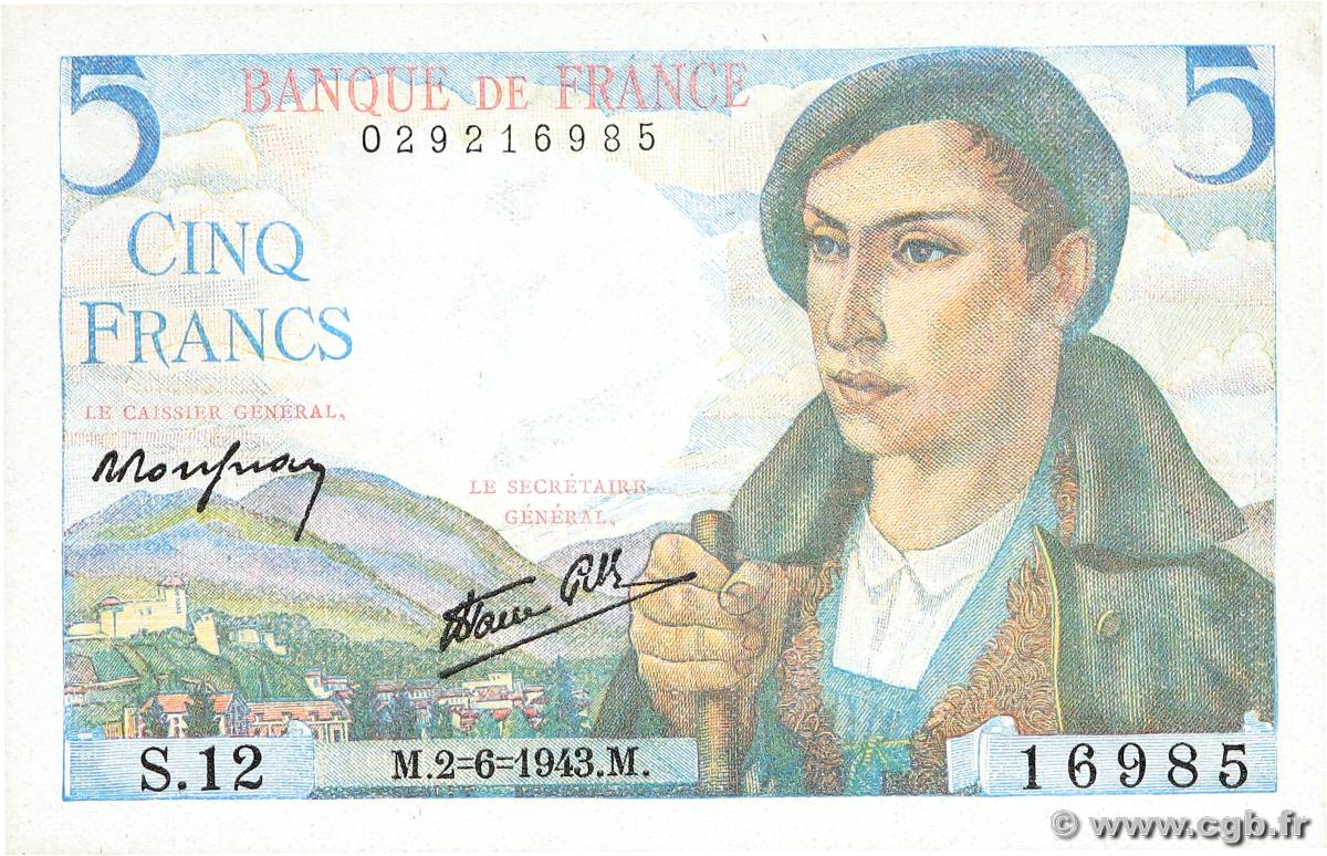 5 Francs BERGER FRANCE  1943 F.05.01 NEUF