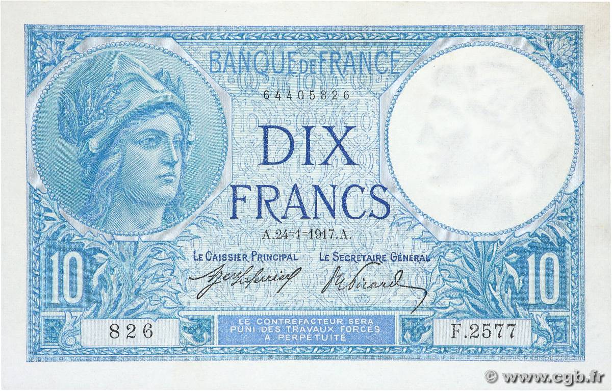 10 Francs MINERVE FRANCE  1917 F.06.02 SUP