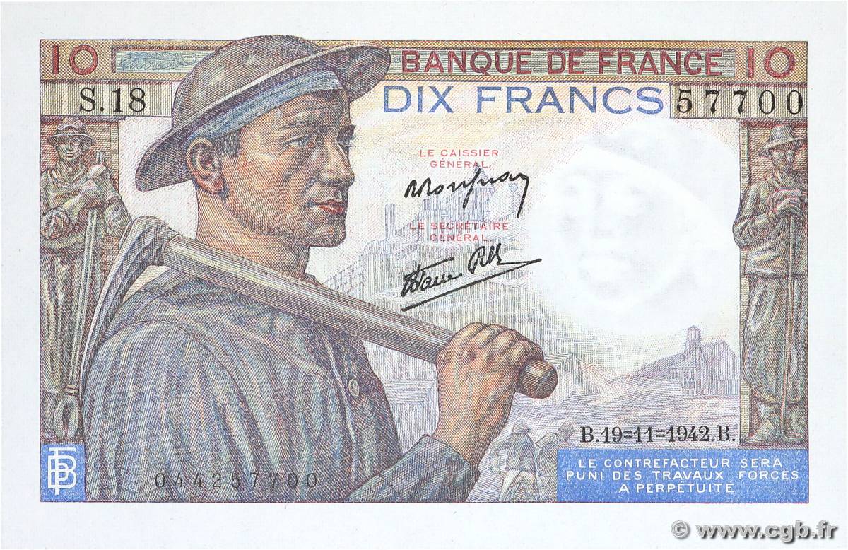 10 Francs MINEUR FRANCE  1942 F.08.06 SPL